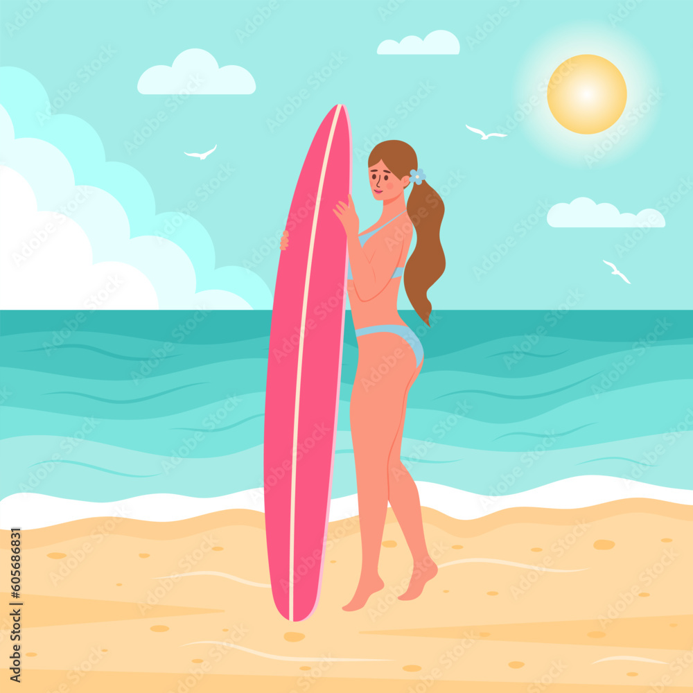 Woman in swimsuit with surfboard on the beach. Summertime, seascape, active sport, surfing, vacation concept. Flat cartoon vector illustration.