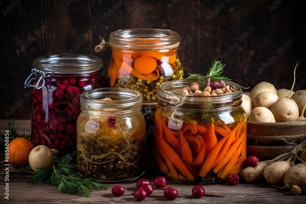 Homemade canned vegetables in glass jars, preparation of pickled products for the winter, AI Generated Homemade canned vegetables in glass jars, preparation of pickled products for the winter, AI Generated