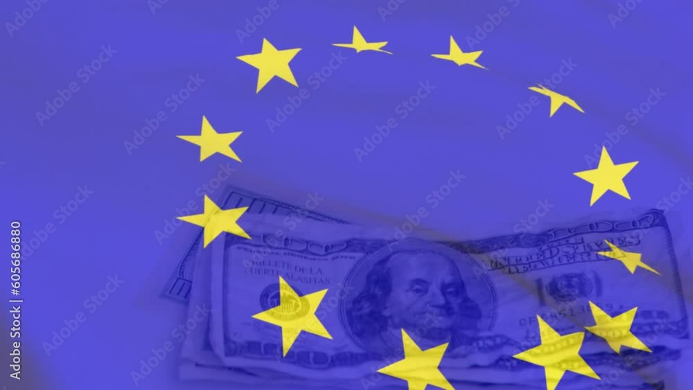 Animation of waving eu flag against close up of dollar bills on white surface Animation of waving eu flag against close up of dollar bills on white surface