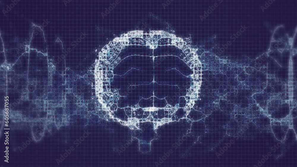 Animation of digital brain and dna strand on blue background