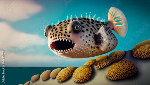 illustration of surrealistic pufferfish with opened mouth photo