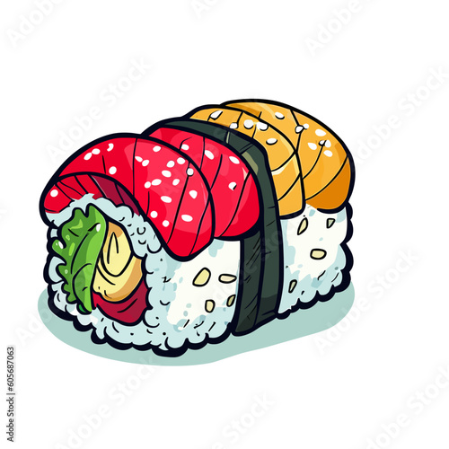 cute cartoon style of delicious and fresh sushi