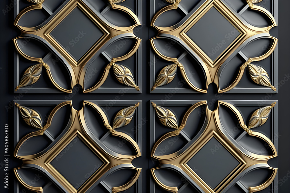 3D grey panels with gold decor patination elements. Shaded and glossy geometric modules. High quality seamless design texture 3D grey panels with gold decor patination elements. Shaded and glossy geometric modules. High quality seamless design texture