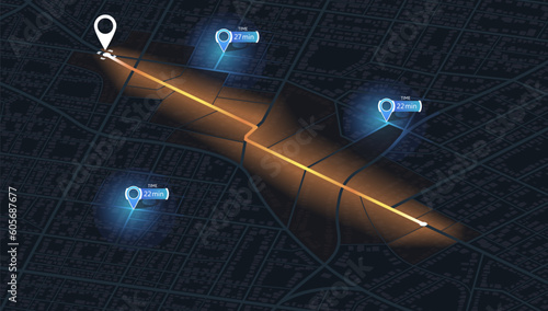 Navigate mapping technology dashboard GPS tracking map, showing movement on the streets of the city. Decorative graphic tourist map. Abstract transportation background. Vector illustration