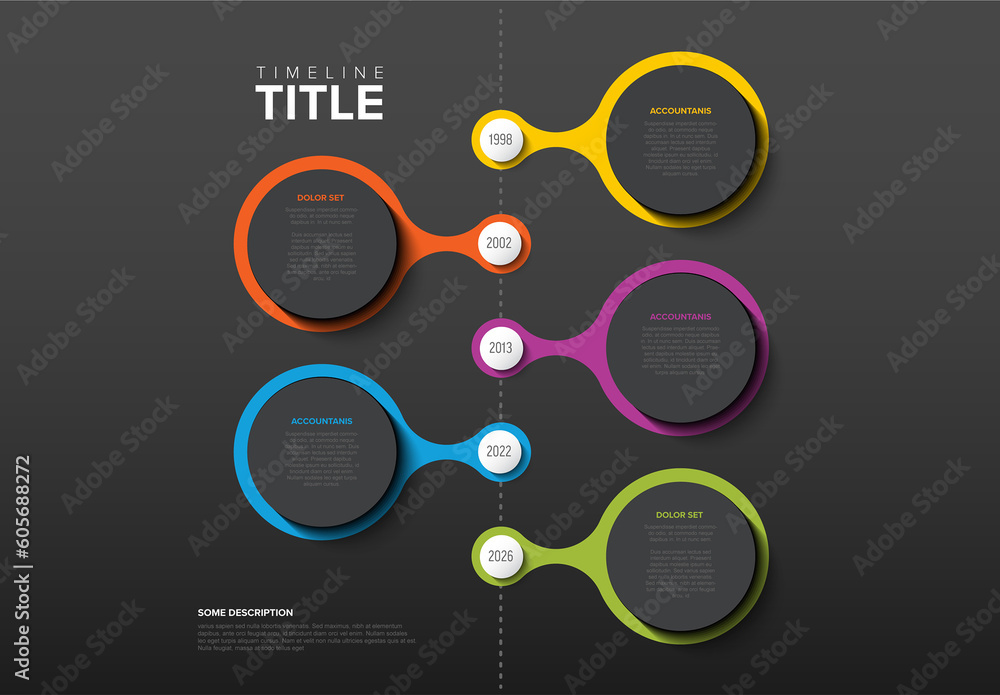 infographic dark vertical timeline template design... Dark infographic timeline template with circle bubbles icons on ...