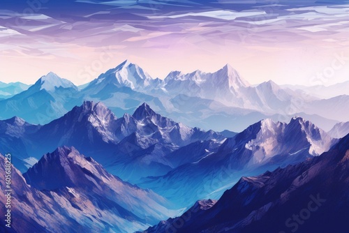 Watercolor illustration of mountains in blue and purple hues. Generative AI