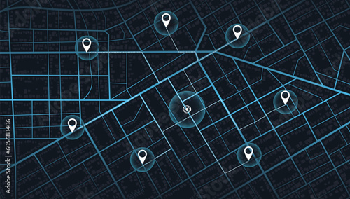 View from above the map buildings. Gps map. Decorative graphic tourist map. Quarter residential buildings. Vector, illustration. Abstract transportation background. Location tracks dashboard.
