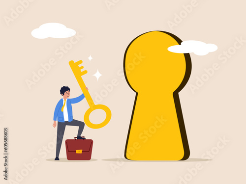 Goal achievement concept. Key to success, unlock secret door to growing business, opportunity for career path, confidence businessman holding golden key and running to unlock keyhole to reach target.