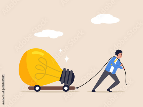 Creativity ideas concept. Big business idea, innovation or inspiration to start new business, effort or inspiration, ambitious businessman work hard to pulling big light bulb idea.