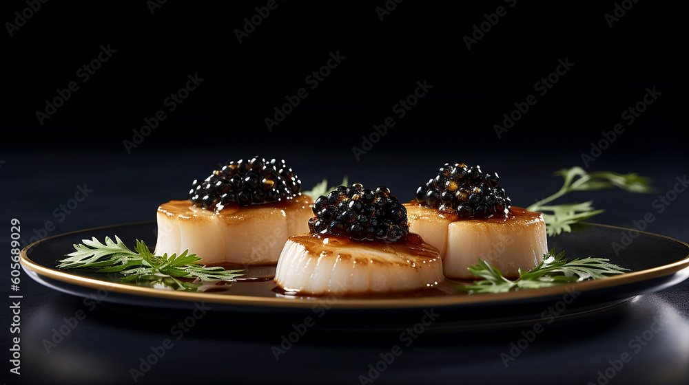 Generative AI image of a serving of scallops with caviar. Caviar is