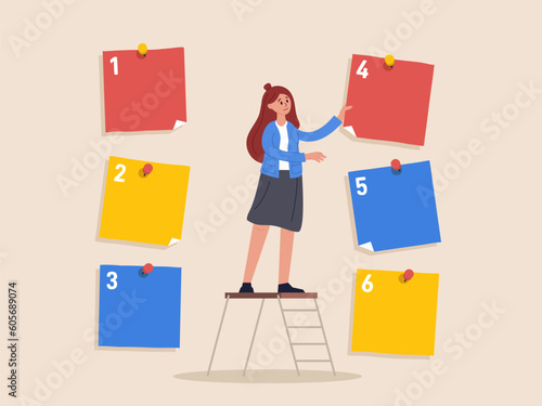 Task management concept. Set work priority, arrange to do list which job to do before and after, young entrepreneur businesswoman manage to prioritize sticky note with number first, second and third.