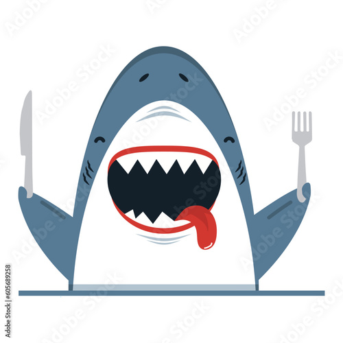 Great white shark holding spoon and fork