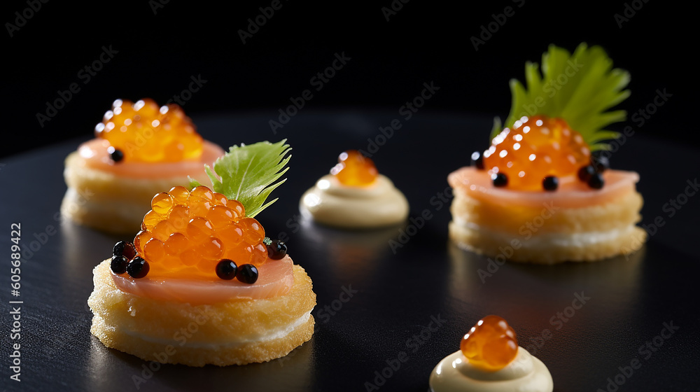 Generative AI image of breakfast of caviar with blinis. Caviar is salt-cured fish eggs and considered as a luxury food for centuries. Generative AI image of breakfast of caviar with blinis. Caviar is salt-cured fish eggs and considered as a luxury food for centuries.