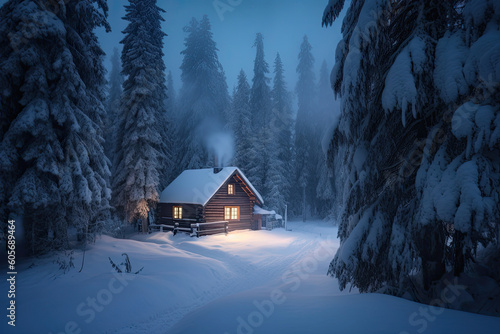 Cozy winter wonderland with an image of a snow-covered cabin nestled amidst towering evergreen trees, inviting them to embrace the magic of the holiday season