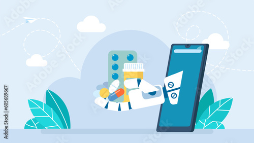 The robot holds medicine in its hand. Sale of medicines through a mobile application. Electronic medical commerce. Online robot doctor consultation technology on smartphone. Vector illustration
