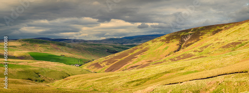 Panorama of Cheviot Hills in Upper Coquetdale, as the River Coquet rises on soggy ground in the Cheviot Hills close to the Anglo-Scottish Border in Northumberland National Park © drhfoto