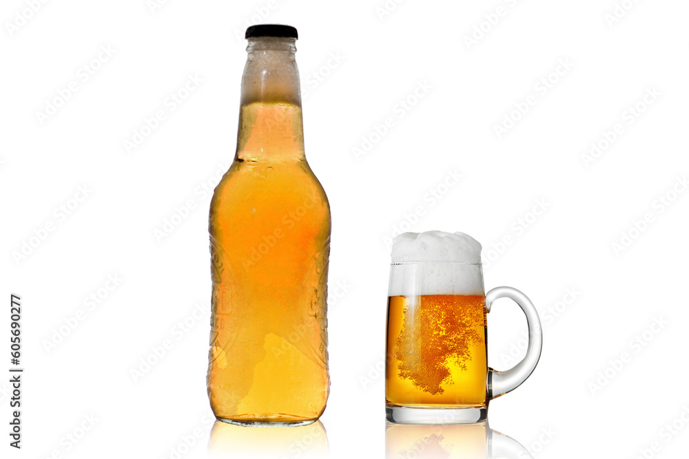 Beer bottle with beer mug mockup isolated on white background. 3d rendering.