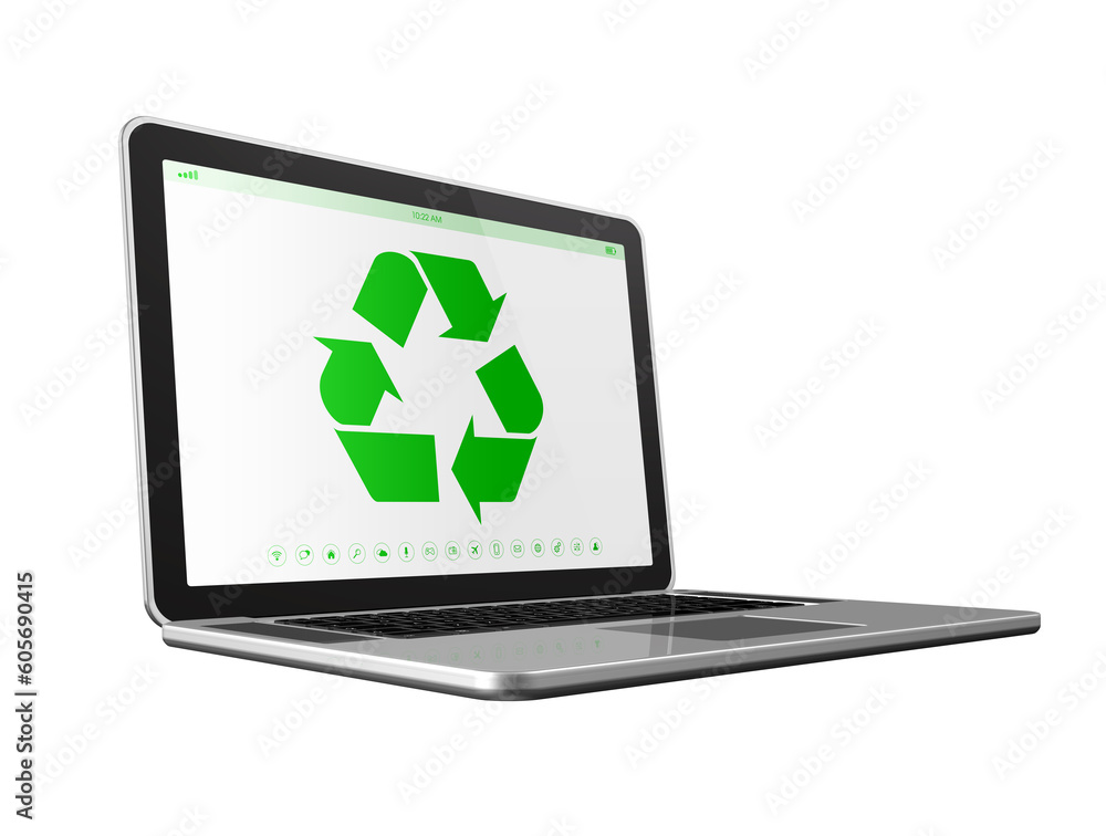Laptop computer with a recycling symbol on screen. environmental conservation concept Laptop computer with a recycling symbol on screen. environmental conservation concept