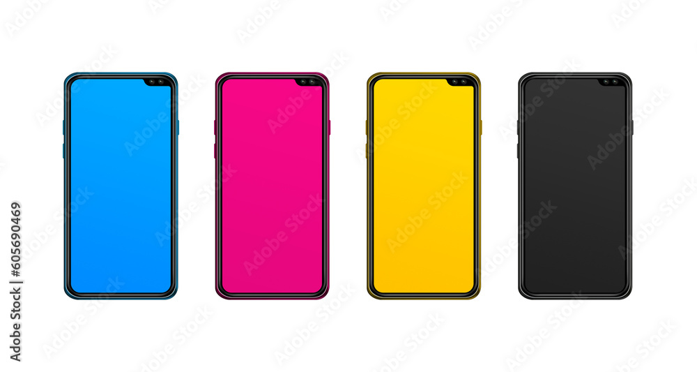 CMYK smartphone set isolated on transparent Background. 3D render CMYK smartphone set isolated on transparent Background. 3D render