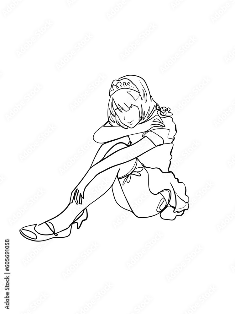 Fototapeta premium A woman posing is hand drawn in one line and line art style. Anime style body expression. Printable art.