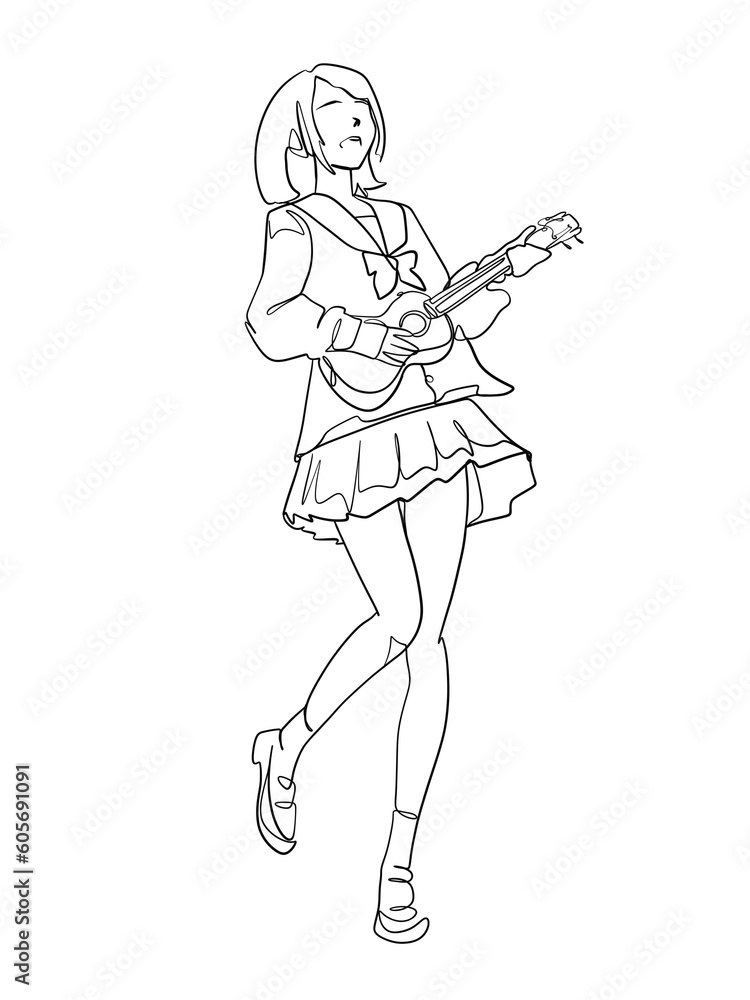 A woman playing guitar is hand drawn in one line and line art style. Anime style body expression. Printable art.