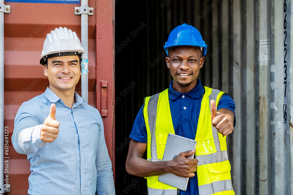 Workers and manager thumbs up after successful delivery of goods onto the ship, Where they are located in a harbor area with a lot of containers Workers and manager thumbs up after successful delivery of goods onto the ship, Where they are located in a harbor area with a lot of containers