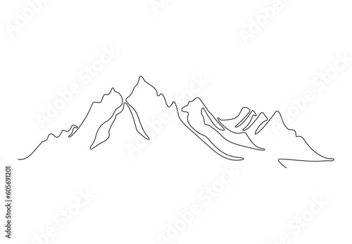 Mountains landscape in one continuous line drawing mounts with high peak in simple linear style adventure winter sports. Stock illustration.