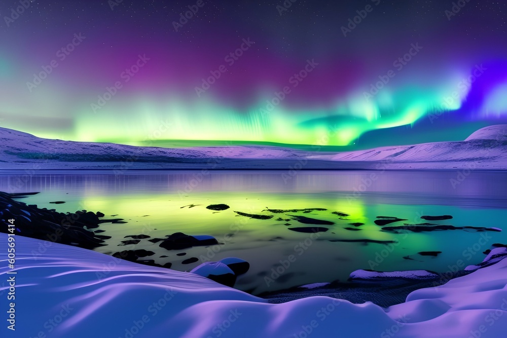 Aurora Borealis in the night sky above the sea. Pure Northern nature and northern lights - generative ai
