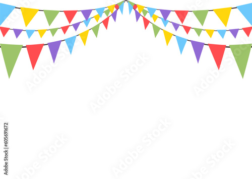 Celebrate hanging triangular garlands. Colorful perspective flags party isolated on white background. Birthday, Christmas, anniversary, and festival fair concept. Vector illustration.