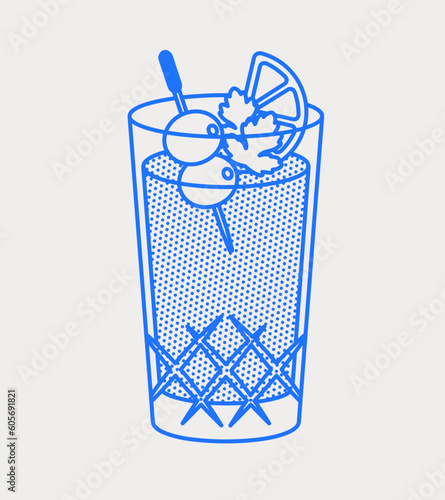 Bloody Mary cocktail with olives, lemon wedges, and parsley leaves. Line art, retro. Vector illustration for bars, cafes, and restaurants.