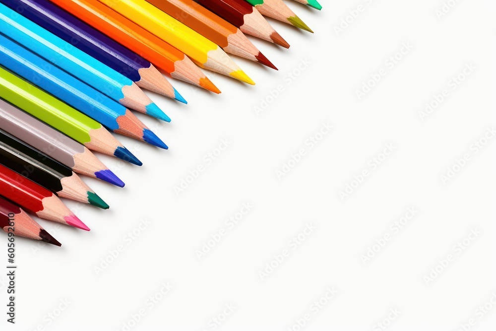Colorful Creativity: Vibrant Pencils on a White Background with Space for Copy, generative ai