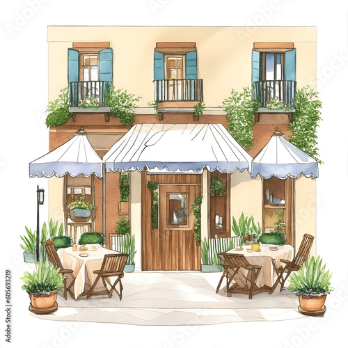 Italian restaurant exterior watercolor illustration generated AI