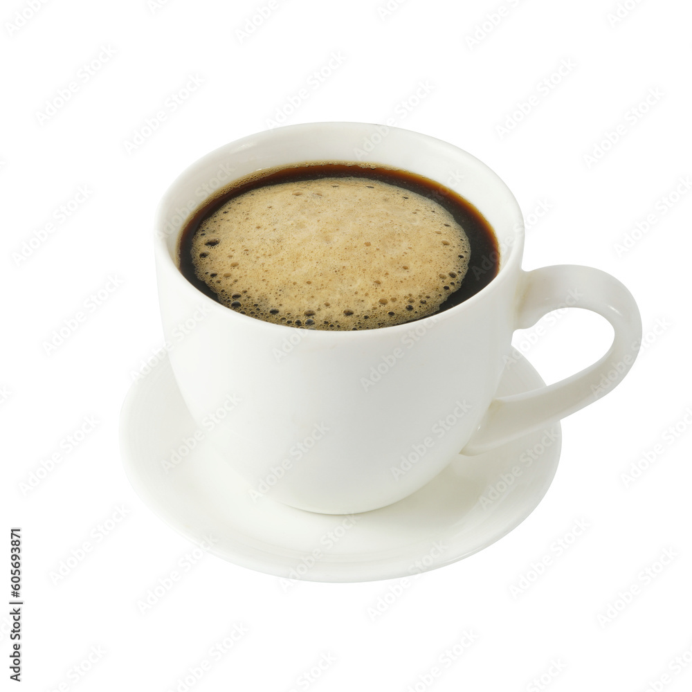 White ceramic coffee cup with saucer Packed with black coffee with floating foam. isolated on a transparent background White ceramic coffee cup with saucer Packed with black coffee with floating foam. isolated on a transparent background