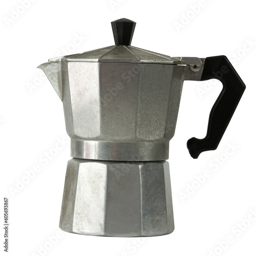 Used moka pot coffee maker made of aluminum isolated on transparent background