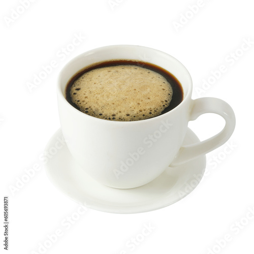White ceramic coffee cup with saucer Packed with black coffee with floating foam. isolated on a transparent background