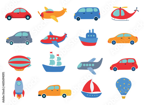 Cute vector toy transport isolated on white background. Ship, cars, plane, helicopter, boat, yacht, rocket, van, bus, airship, pickup. Kids flat colorful set