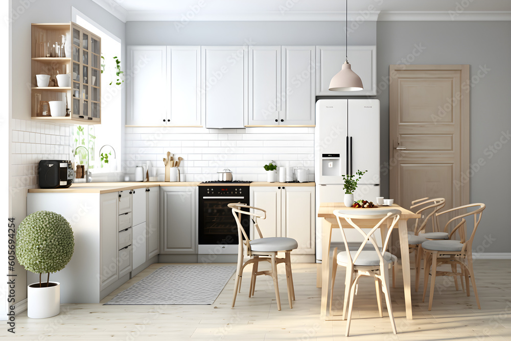 Fototapeta premium Scandinavian contemporary style kitchen with eating area and simplistic accents. 3d rendering 