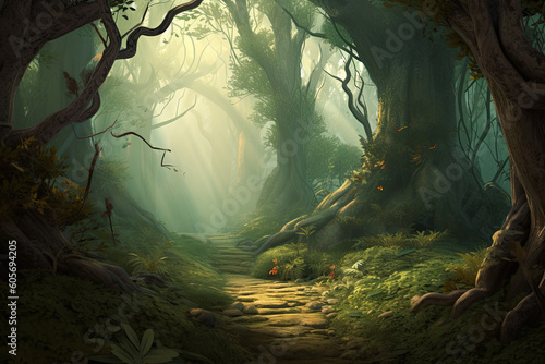 Enchantment of a mystical forest background. Towering trees  dappled sunlight  and a hint of magical ambiance  perfect for fantasy themes or nature-inspired designs.
