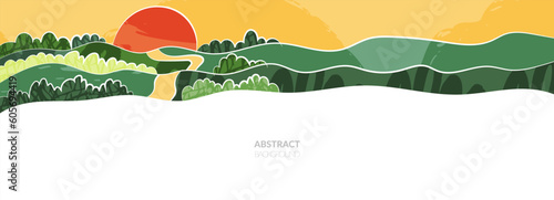 Green farm, abstract agriculture, garden template, field layout vector textured illustration. Green nature pattern, crop, hill, mountains. Ecological wavy ornament, eco header, sustainable scenic view