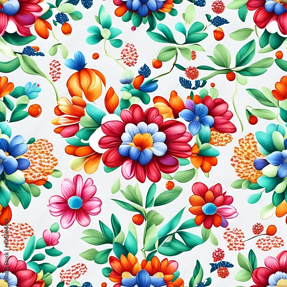 Seamless pattern blooming flowers on white background generated AI Seamless pattern blooming flowers on white background generated AI