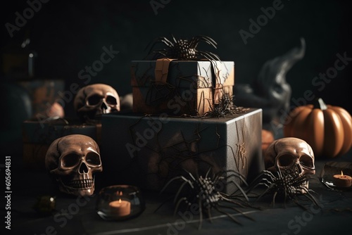 3D image of Halloween banner with gift box in pumpkins, skull, bat and spider. Generative AI photo