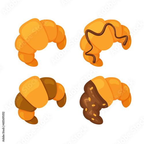 Set of different croissants. Croissant with chocolate end empty. Traditional french food. Baked sweet dessert for breakfast. Vector illustration.