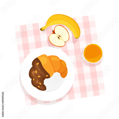 Tasty healthy breakfast top view. Croissant with chocolate, orange juice, banana, apple. Table with tablecloth. Vector illustration isolated.