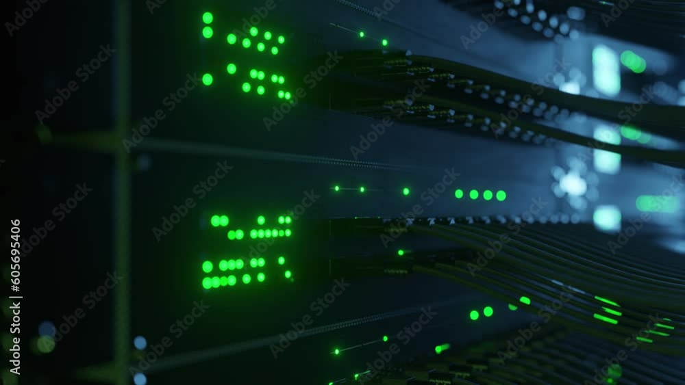 Super computer server racks in datacenter. Concept of big data storage and mining cryptocurrency. Network routers of ISP. Many wires connect to the network interfaces of powerful internet servers Super computer server racks in datacenter. Concept of big data storage and mining cryptocurrency. Network routers of ISP. Many wires connect to the network interfaces of powerful internet servers