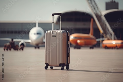 Journey Awaits: Detailed Close-Up of Suitcase in Airport, Plane Silhouetted in the Distance (Generative AI)