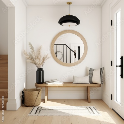 A welcoming foyer with a natural wood bench, a round mirror framed in brass, and a statement pendant light made from black metal and clear glass	 photo