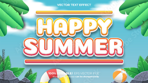 Vector happy summer 3d bold style editable text effect on sky background