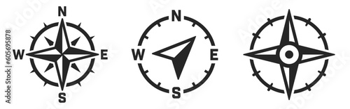 Compass icons set. Navigational compass, marine wind rose, nautical chart, geographical position flat icon. North, east, south, west symbols collection - stock vector.