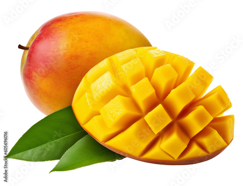 Ripe cut mango with green leaf. Isolated on a transparent background. KI.
