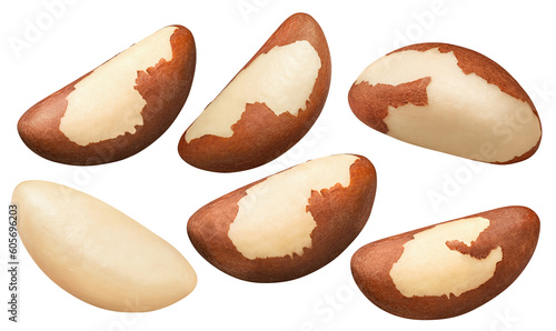 Brazil nuts set #3 isolated on white background. Brown and blanched nuts